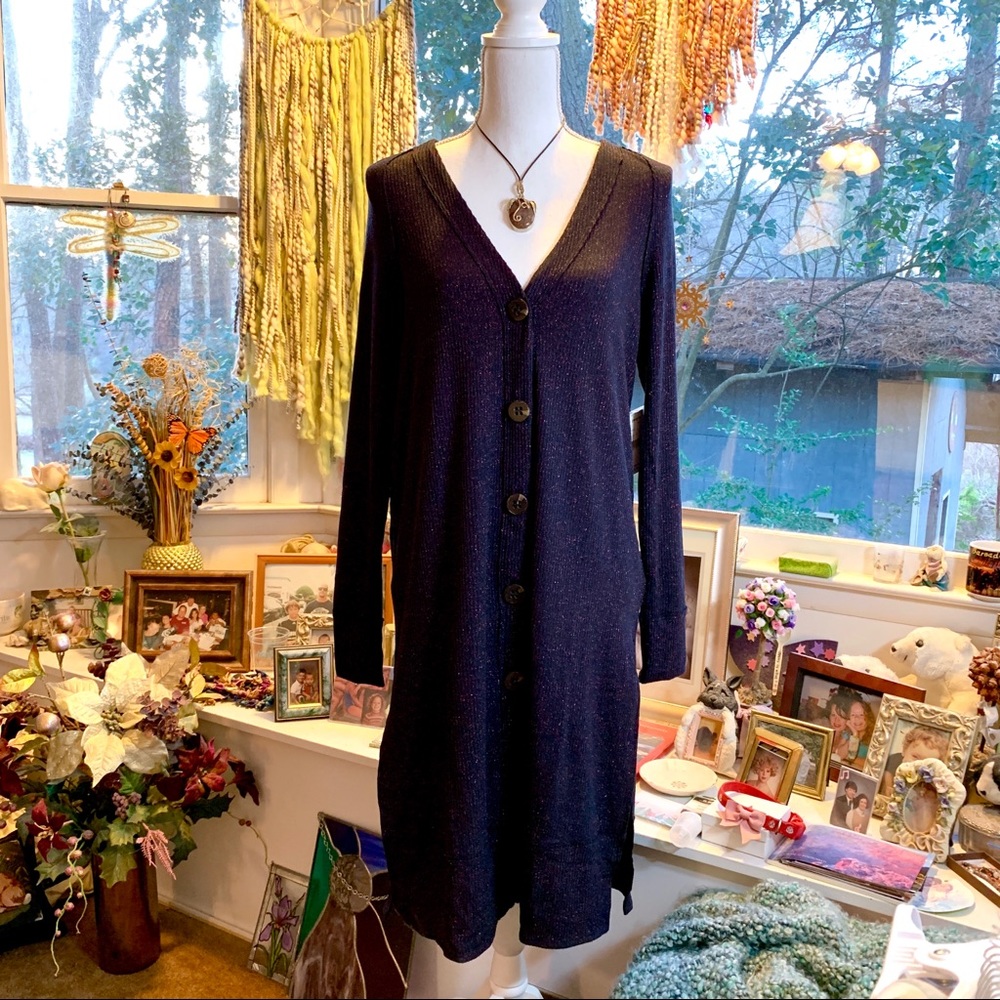 Free People Sparkly Cardigan Duster in Navy - Picture 4 of 8